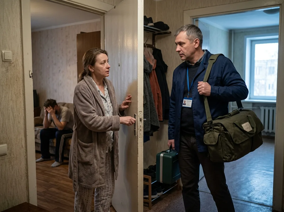 Нарколог приезжает к пациенту на дом с медицинским чемоданом, дверь квартиры открывается, утреннее время, похмельный синдром, оперативная помощь