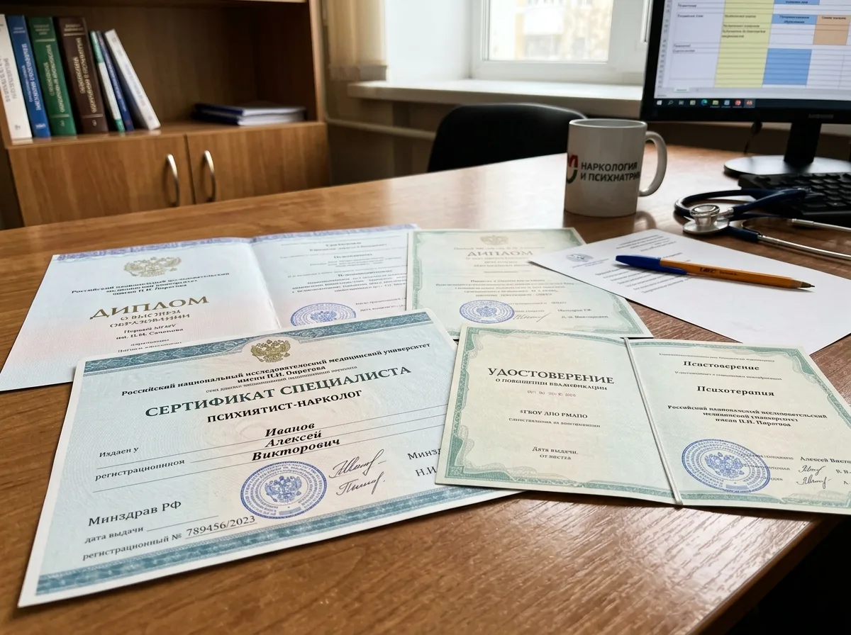 Медицинские сертификаты специалистов клиники по наркологии и психиатрии, дипломы лежат на столе, профессиональные документы с печатями медицинских учебных заведений